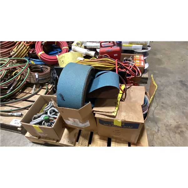 PALLET OF SANDING BELTS, EXTENSION CORDS, SCREW PIN ANCHOR SHACKLES & MISC ITEMS