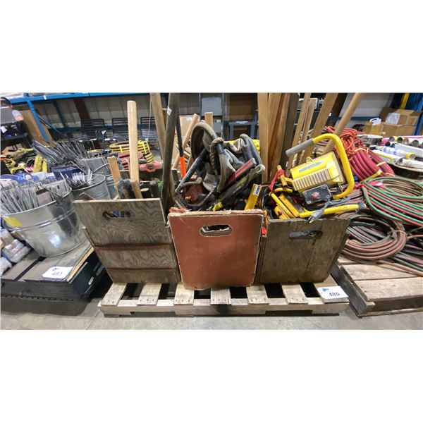 PALLET OF WORK LIGHTS, LARGE HAND TOOLS, HOOKS & CHAIN BAGS
