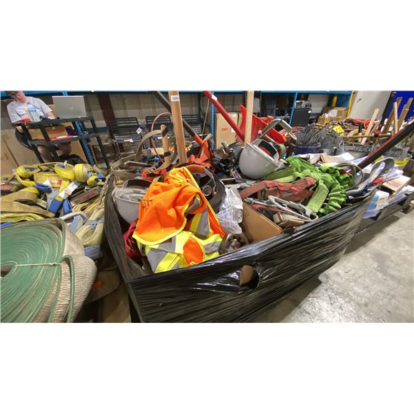 PALLET OF ASSORTED CONSTRUCTION ITEMS- FALL PROTECTION GEAR, SAFETY GEAR, SLEDGE HAMMERS, CLAMPS &