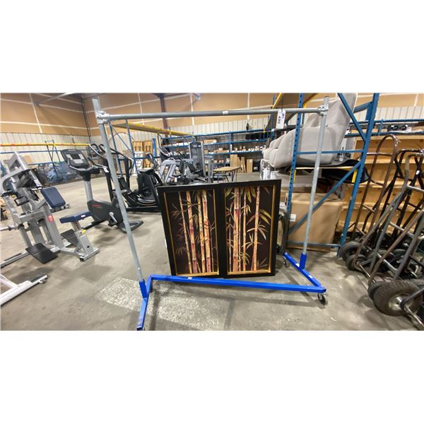 LARGE METAL MOBILE CLOTHING RACK & 2 DARK WOOD FRAMED BAMBOO PICTURES