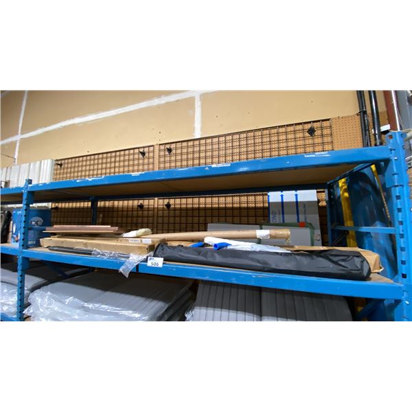 SHELF OF ASSORTED ITEMS- WOOD FRAMES, SQUEEGEE/DUSTING SET WITH POLE, BRACKETS, TOILET SEAT &