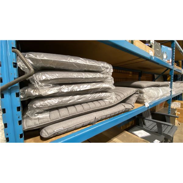SHELF OF APPROX 5 GREY OUTDOOR PATIO CHAIR CUSHIONS & 4 GREY SEAT CUSHIONS