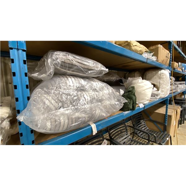 2 LARGE PILLOW SEATS, GREY/WHITE STRIPED THROW PILLOWS & ASSORTED STUFFED ANIMALS
