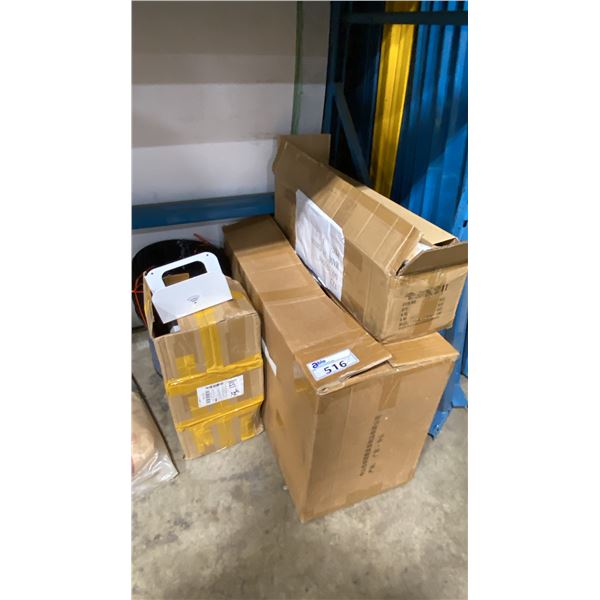 GROUP OF PLASTIC FILAMENT, BOX OF HANGING TRAYS, WIFI HANGERS, LED LIGHT PANELS & MORE