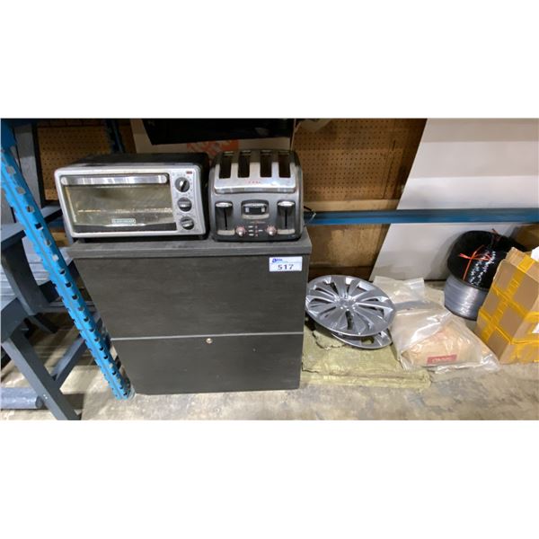 GREY 2 DRAWER FILING CABINET, 2 BAGS OF ENGINE SAND, 3 HUBCAPS, TOASTER, TOASTER OVEN & BOX OF