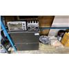 Image 1 : GREY 2 DRAWER FILING CABINET, 2 BAGS OF ENGINE SAND, 3 HUBCAPS, TOASTER, TOASTER OVEN & BOX OF
