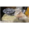 Image 2 : GREY 2 DRAWER FILING CABINET, 2 BAGS OF ENGINE SAND, 3 HUBCAPS, TOASTER, TOASTER OVEN & BOX OF