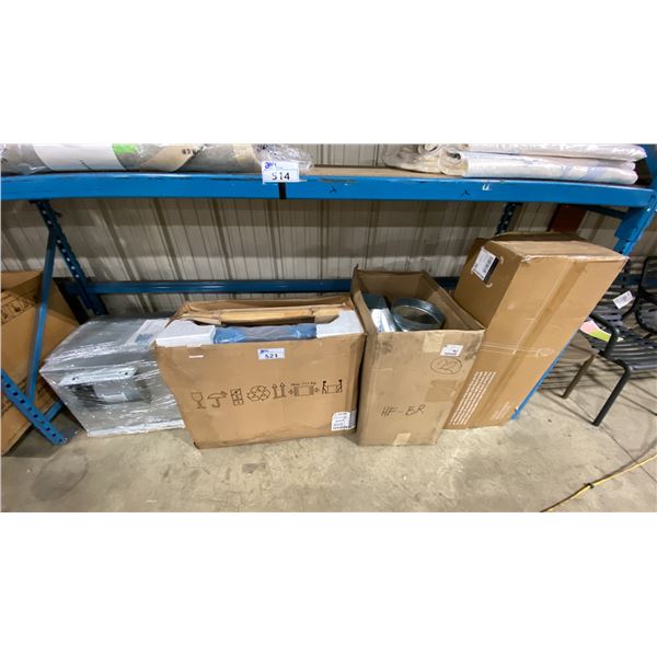 SHELF OF ASSORTED PARTS APPLIANCES- RANGE HOODS & GOZNEY PIZZA OVEN STAND