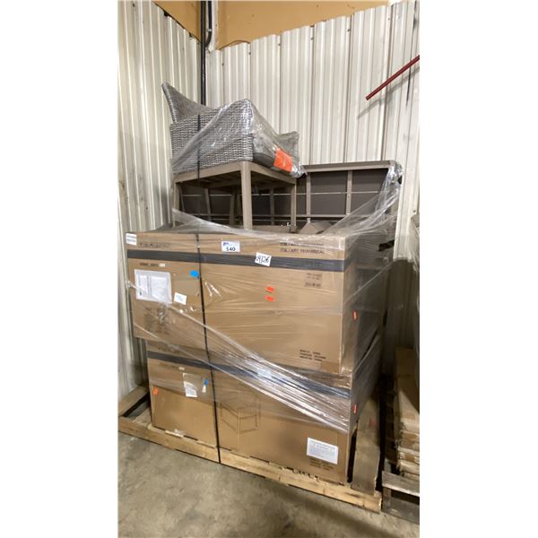 PALLET OF SUNBRELLA GREY PLASTIC RATTAN OUTDOOR PATIO TABLE & ARMCHAIR SET *MAY NEED REPAIRS,