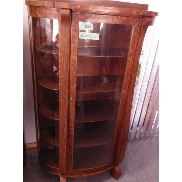 Antique Bow Front Display Cabinet Tiger Oak finish, curved glass door , Rockwood Furniture Co., Rock