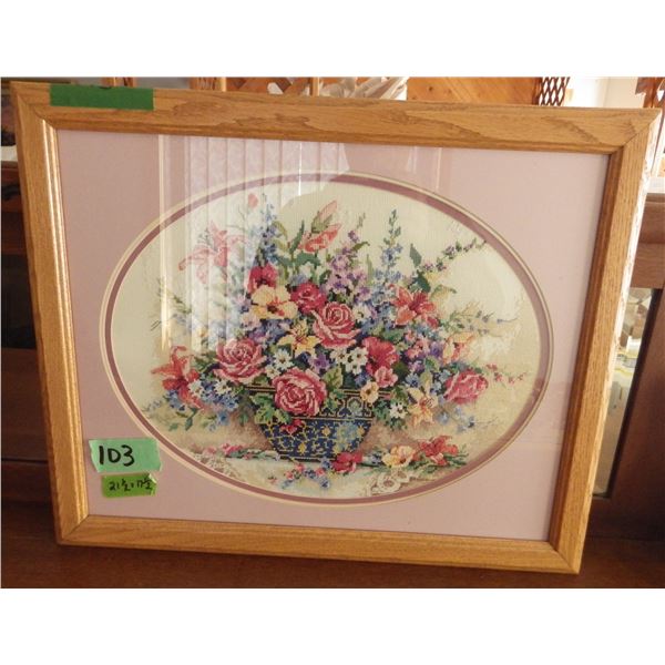 Framed cross stitch print " Floral Grandeur "