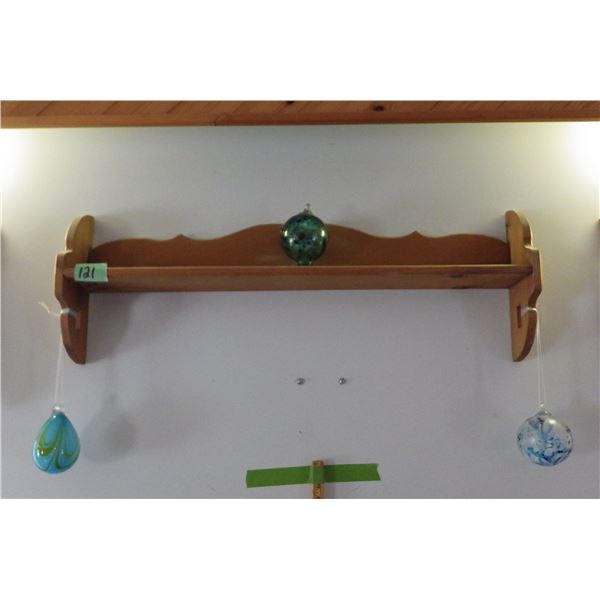 Wood display shelf and Three  Blown glass friendship balls