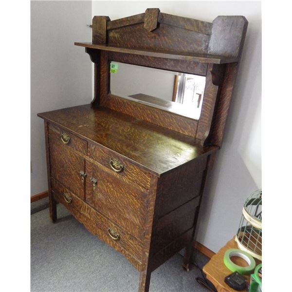 Vintage fumed oak buffet with beveled glass mirror