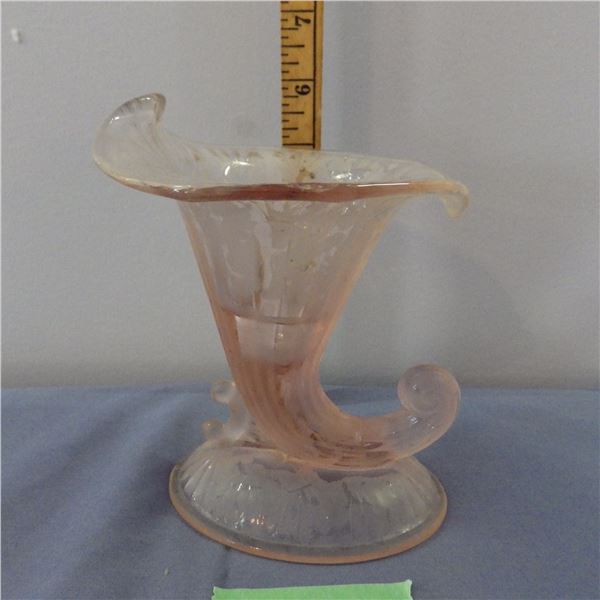 Cornucopia candle holder or table vase possibly Fenton,  likely made of pink satin or etched glass f