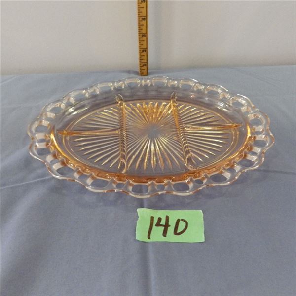 OLD COLONY Pink Depression Glass Platter Lace edge open lace Serving plate Divided 5-Part 1930s era