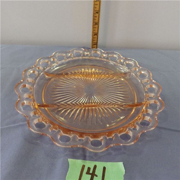 OLD COLONY Pink Depression Glass Platter Lace edge open lace Serving plate Divided 3-Part 1930s era