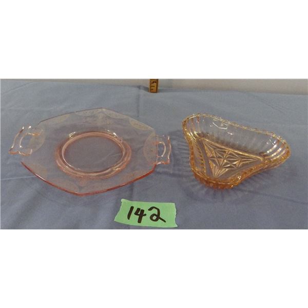 Vintage pink depression glass serving bowl and vintage glass triangle sawtooth Dish