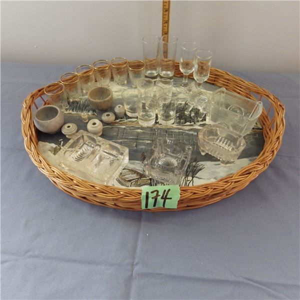 Tray with vintage Horse pulling cart ,  saltwells, Shot glasses , etc lens does great