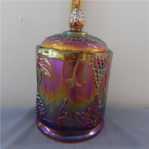 Vintage Indiana Glass Harvest Grape cookie jar in the iridescent carnival glass style