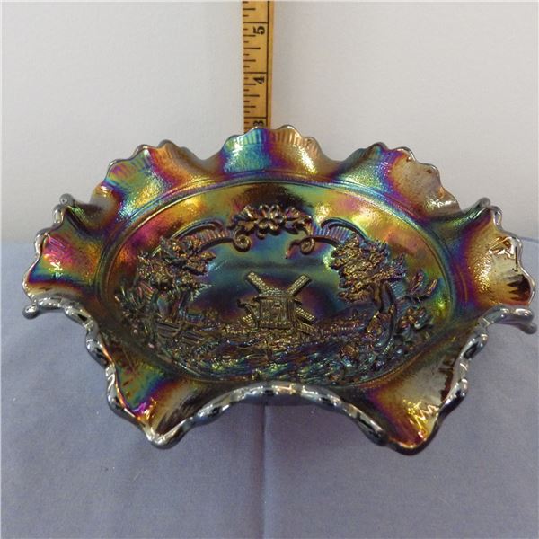 Vintage Hostess plate ruffled iridescent blue carnival glass Featuring a windmill pattern