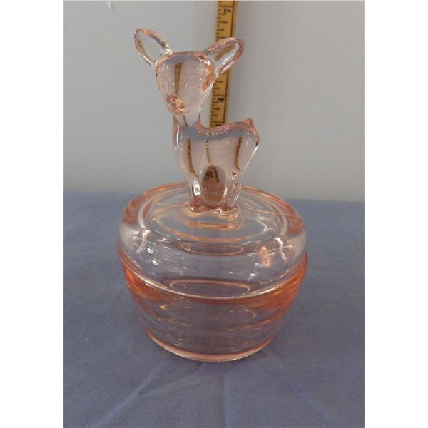 Pink depression glass fawn deer jar possibly from Jeannette Glass