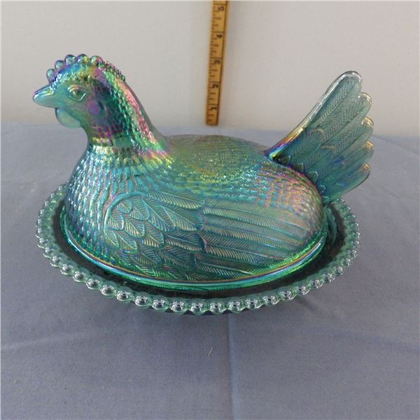 Iridescent carnival glass  hen on nest covered dish