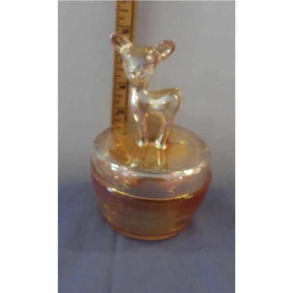Pink depression glass fawn deer jar possibly from Jeannette Glass