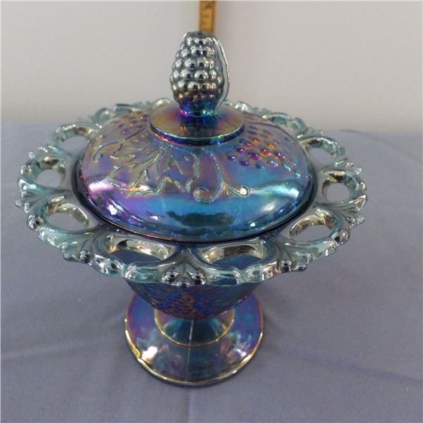 Carnival glass harvest grape compote dish and lid