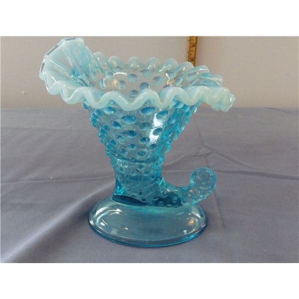 Vintage blue glass hobnail cornucopia vase
