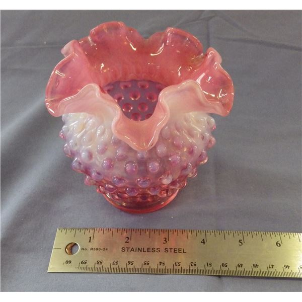 Vintage pink glass hobnail vase with ruffled edge