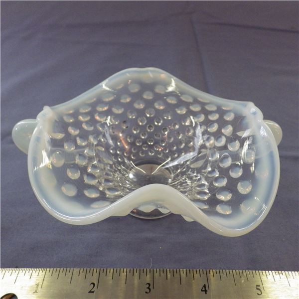 Vintage art glass Moonstone Opalescent hobnail bowl with ruffled edge
