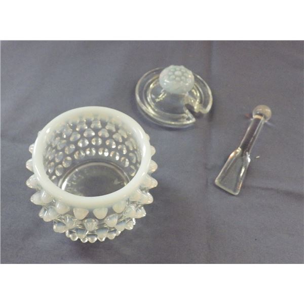 Vintage 3 piece white Opalescent  hobnail condiment jar and spreader