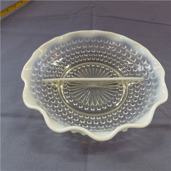 Vintage  white Opalescent  hobnail divided condiment dish