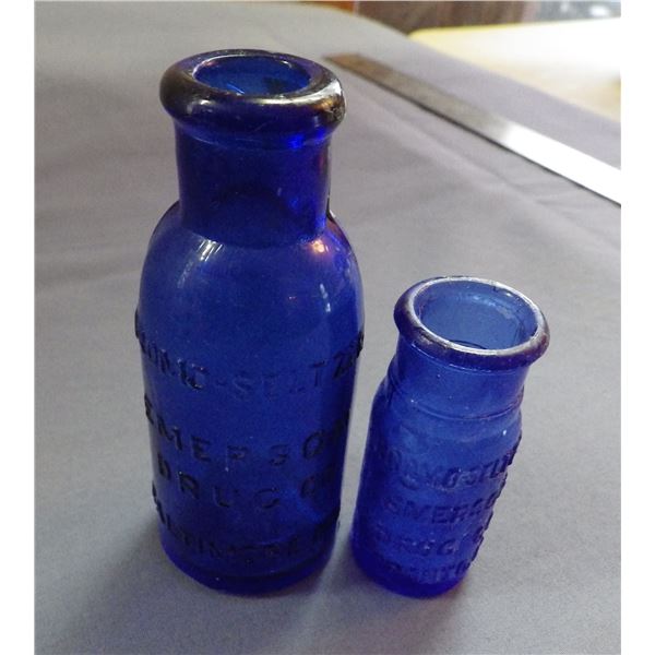 Lot with two blue embossed small advertising jars