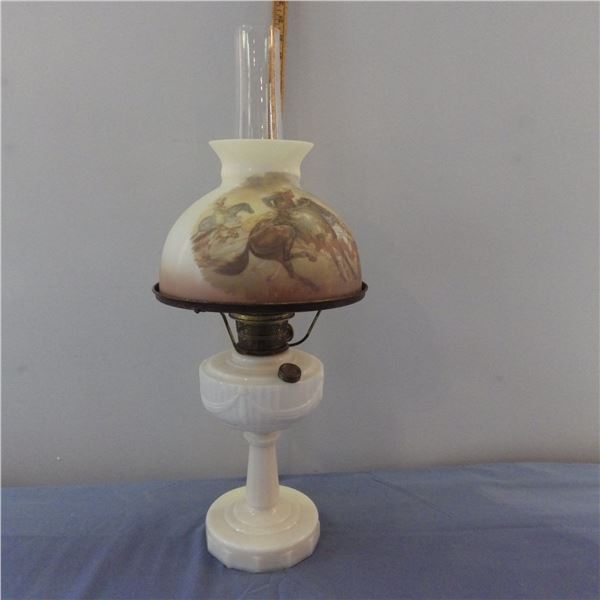 Vintage Lincoln Drape Aladdin lamp with a hand painted shade depicting a pastoral scene with horses