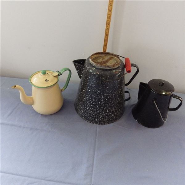 Granite coffee pots,  Plates, cups , pots and enamel teapot