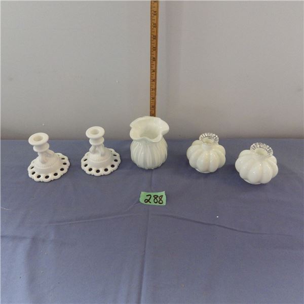 Milk glass Candelabra and a vase etc