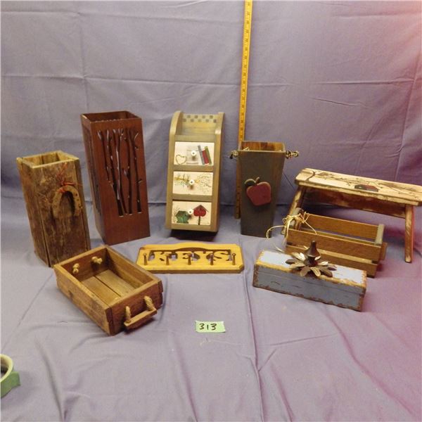 Assortment of wood stool shelving and other items