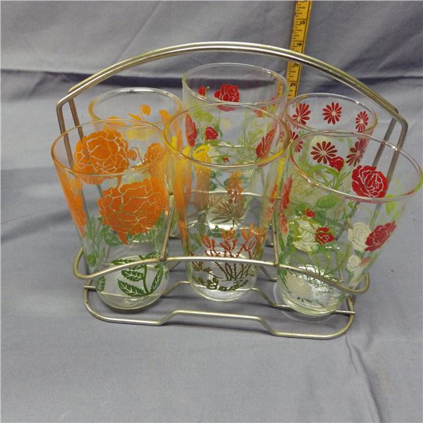 Vintage drinking glasses in carrying tray