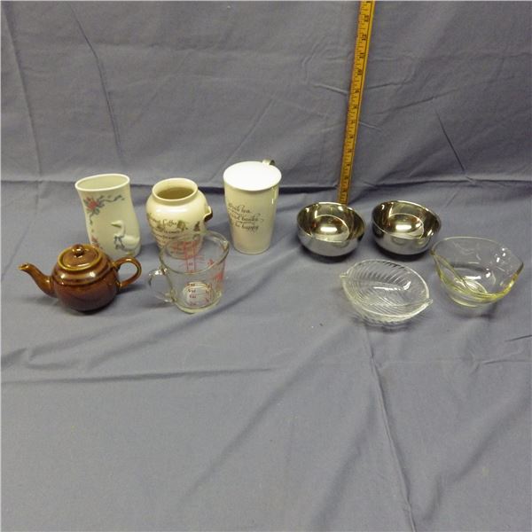 Small teapot, Glass measuring cup , and other bowls etc