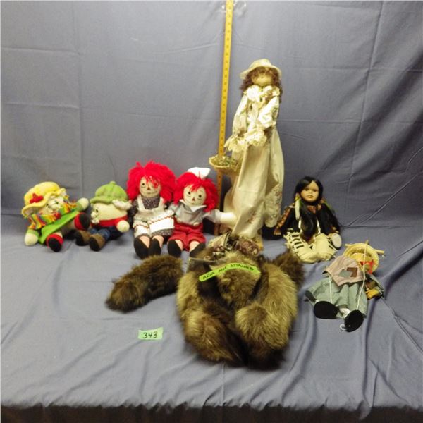 Raggedy Ann and Andy Dolls, porcelain Doll, and other items