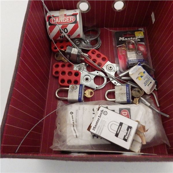 Box with padlocks and safety lockouts etc