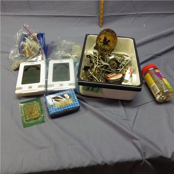 Metal container with wire , picture hanger kit etc