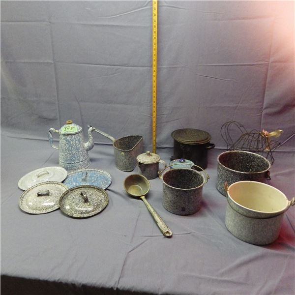 Lot of vintage granite wear , coffee pot, dipper, pots