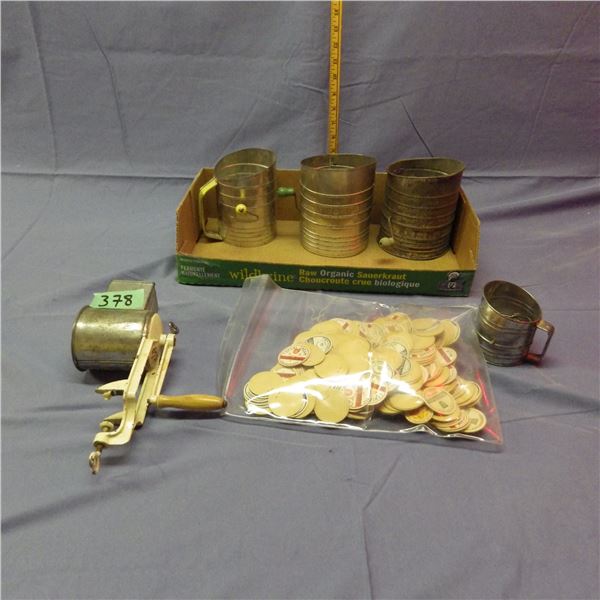 Vintage Flour sifters , cardboard glass milk toppers , nutmeg grinder