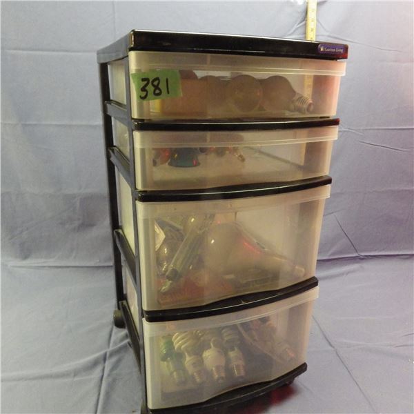 4 drawer plastic organizer with assorted light bulbs