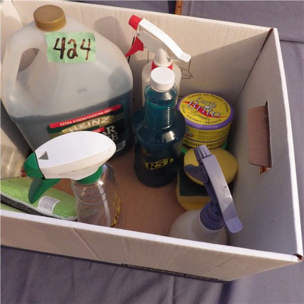 Box of assorted cleaning supplies