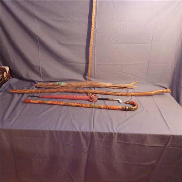 Lot of walking Canes and umbrella et cetera
