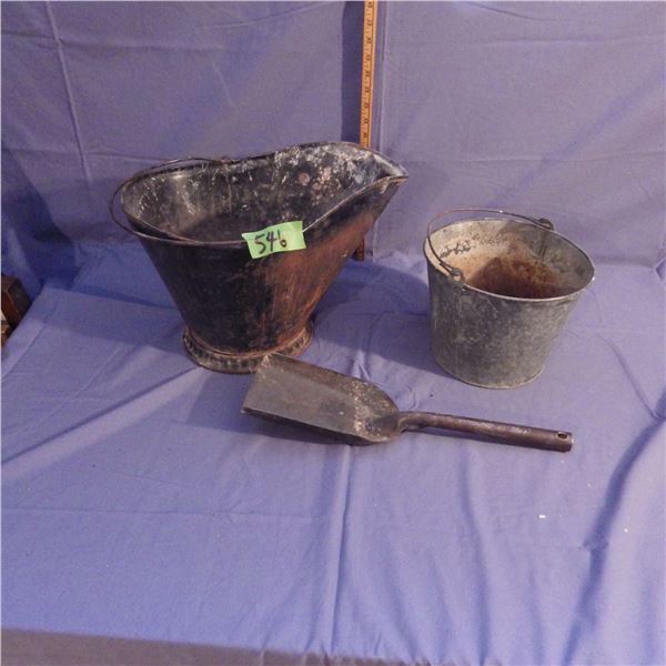 Ash bucket, metal pail and small ash shovel