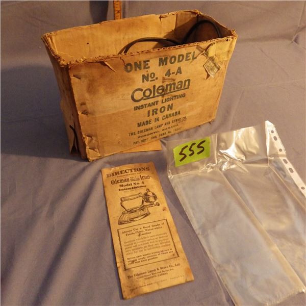 Vintage box for Coleman instant lighting iron with directions  And small salesman sample cast sad ir
